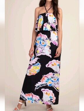 Trina Turk Black Floral Halter Midi Dress Size S